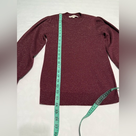 LOFT Burgundy Crewneck Sweater with Puff Sleeves - Picture 4 of 6